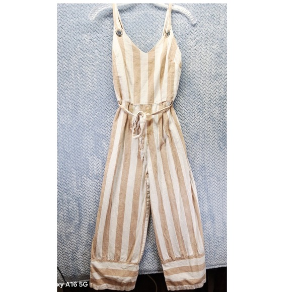 Japna Pants - Japna Striped Cotton Linen Jumpsuit Tan White Wide Leg Smocked Back Small all
